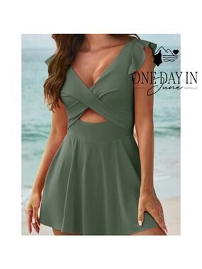 Aleumdr Ruffle Shoulder Cutout Skirted One Piece Swimsuit Size M